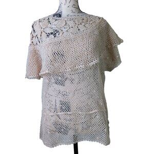 Vtg. Lim's Crochet Doily Open Knit Sweater Medium, Beige Draw String Waist, Boho